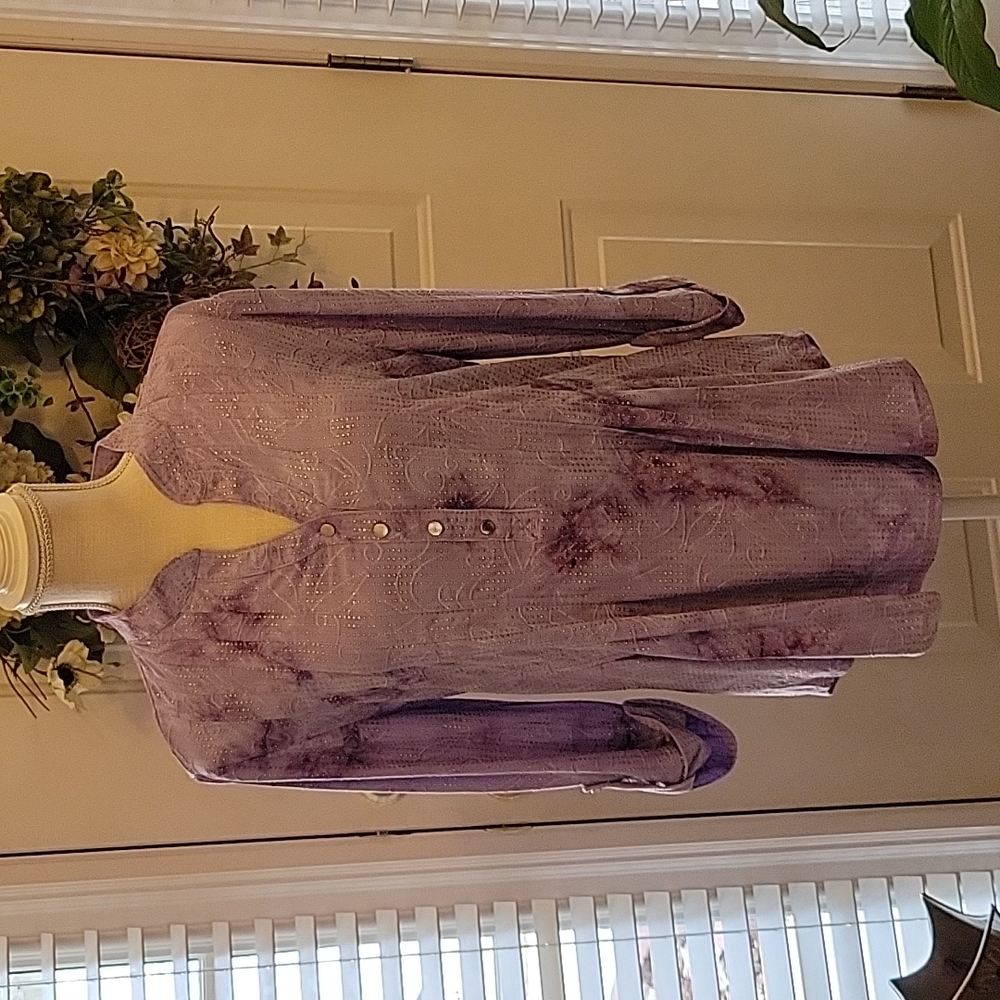 New Directions lavender gold roll tab sleeve tunic button front pleated Med New…
